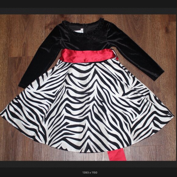 Girls Bonnie Jean Black White Velvet Zebra Print Formal Dress with Red Sash sz 4 - Picture 1 of 4